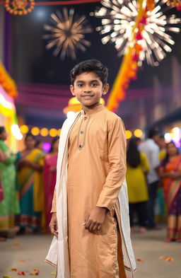 A coverboy wearing a light brown kurta paired with a flowing white dupatta, standing confidently in the foreground