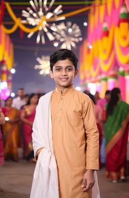 A coverboy wearing a light brown kurta paired with a flowing white dupatta, standing confidently in the foreground