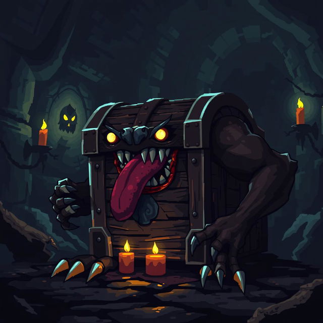 A pixel art depiction of a mimic chest in a dark and eerie atmosphere