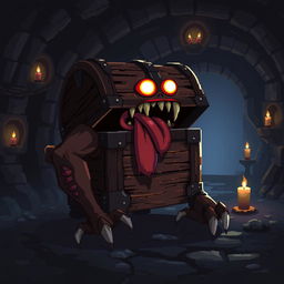 A pixel art depiction of a mimic chest in a dark and eerie atmosphere