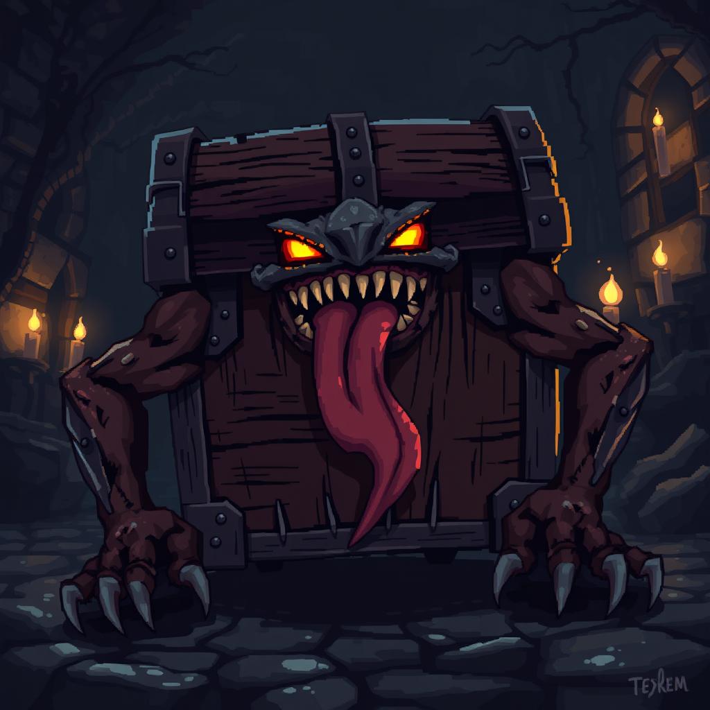 A pixel art depiction of a mimic chest in a dark and eerie atmosphere