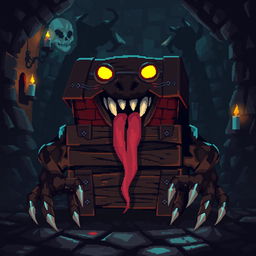 A pixel art depiction of a mimic chest in a dark and eerie atmosphere