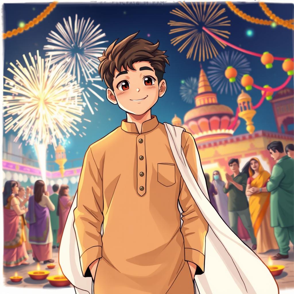 An anime drawing featuring a coverboy wearing a stylish light brown kurta with a flowing white dupatta