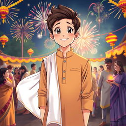 An anime drawing featuring a coverboy wearing a stylish light brown kurta with a flowing white dupatta