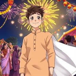 An anime drawing featuring a coverboy wearing a stylish light brown kurta with a flowing white dupatta