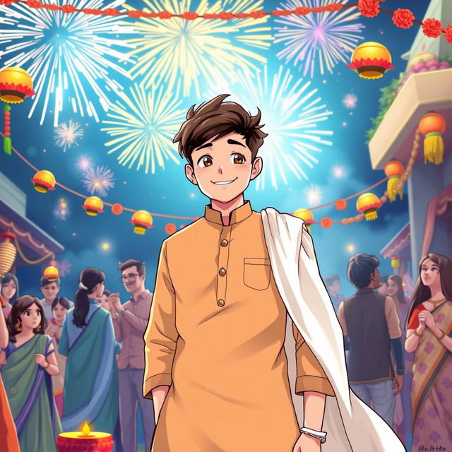 An anime drawing featuring a coverboy wearing a stylish light brown kurta with a flowing white dupatta