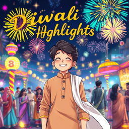 An anime drawing featuring a stylish coverboy wearing a light brown kurta and a flowing white dupatta, standing in the foreground with a joyful expression