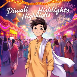 An anime drawing featuring a stylish coverboy wearing a light brown kurta and a flowing white dupatta, standing in the foreground with a joyful expression