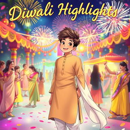 An anime drawing featuring a stylish coverboy wearing a light brown kurta and a flowing white dupatta, standing in the foreground with a joyful expression