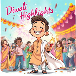 An anime drawing featuring a playful coverboy wearing a light brown kurta and a flowing white dupatta, with an exaggeratedly large, cheerful face as he smiles brightly while lighting up a patakha (firecracker)