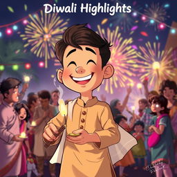 An anime drawing featuring a playful coverboy wearing a light brown kurta and a flowing white dupatta, with an exaggeratedly large, cheerful face as he smiles brightly while lighting up a patakha (firecracker)