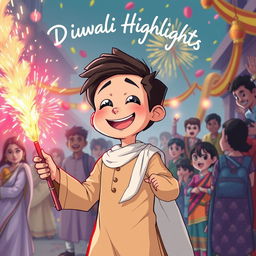 An anime drawing featuring a playful coverboy wearing a light brown kurta and a flowing white dupatta, with an exaggeratedly large, cheerful face as he smiles brightly while lighting up a patakha (firecracker)