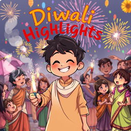 An anime drawing featuring a playful coverboy wearing a light brown kurta and a flowing white dupatta, with an exaggeratedly large, cheerful face as he smiles brightly while lighting up a patakha (firecracker)