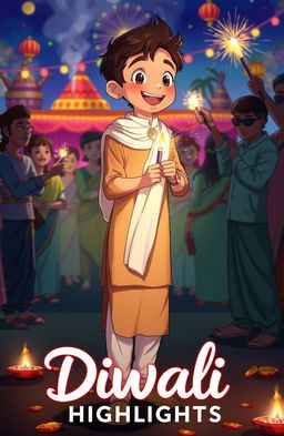 An anime drawing featuring a tall boy wearing a light brown kurta and a white dupatta, joyfully lighting up a patakha (firecracker) while smiling