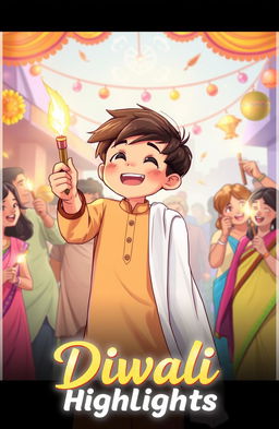 An anime drawing featuring a tall boy wearing a light brown kurta and a white dupatta, joyfully lighting up a patakha (firecracker) while smiling