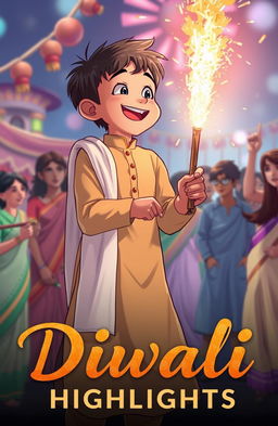 An anime drawing featuring a tall boy wearing a light brown kurta and a white dupatta, joyfully lighting up a patakha (firecracker) while smiling