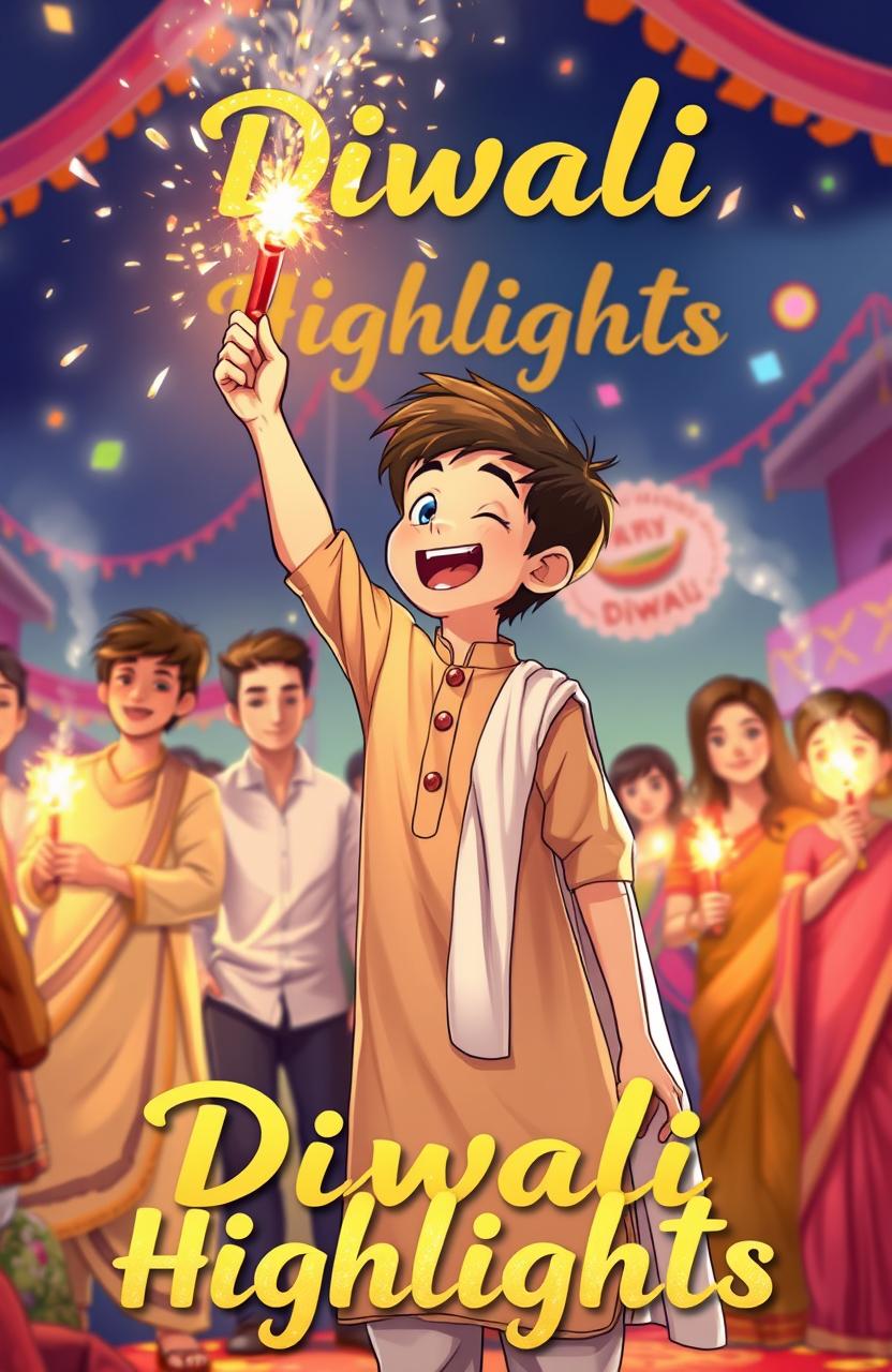 An anime drawing featuring a tall boy wearing a light brown kurta and a white dupatta, joyfully lighting up a patakha (firecracker) while smiling