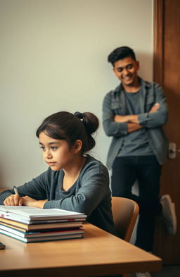 A focused girl, sitting at a desk with a stack of books in front of her, studying intently