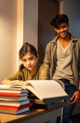 A focused girl, sitting at a desk with a stack of books in front of her, studying intently