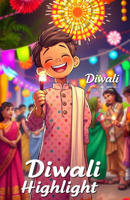 A tall anime-style coverboy wearing a multicolored dotted pattern kurta and a white dupatta, joyfully lighting up a patakha (firecracker) with a smile on his face