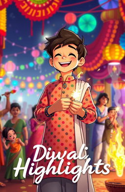 A tall anime-style coverboy wearing a multicolored dotted pattern kurta and a white dupatta, joyfully lighting up a patakha (firecracker) with a smile on his face
