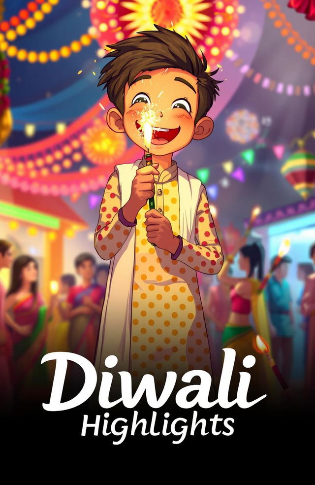 A tall anime-style coverboy wearing a multicolored dotted pattern kurta and a white dupatta, joyfully lighting up a patakha (firecracker) with a smile on his face