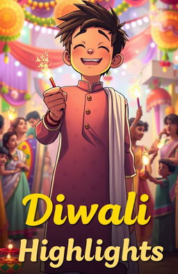A tall anime-style coverboy wearing a multicolored dotted pattern kurta and a white dupatta, joyfully lighting up a patakha (firecracker) with a smile on his face
