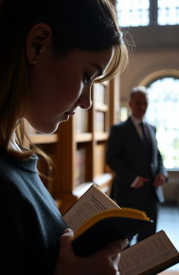 A subtle, close-up image of a young woman, her silhouette partially visible, deeply engrossed in reading a book