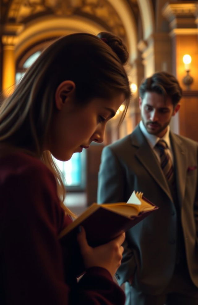 A subtle, close-up image of a young woman, her silhouette partially visible, deeply engrossed in reading a book