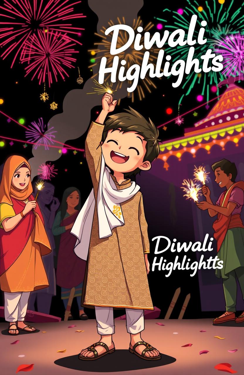 A tall boy with a brown face wearing a multi-colored dotted pattern kurta and a white dupatta, joyfully lighting up a firecracker (patakha) and smiling