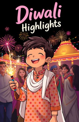 A tall boy with a brown face wearing a multi-colored dotted pattern kurta and a white dupatta, joyfully lighting up a firecracker (patakha) and smiling