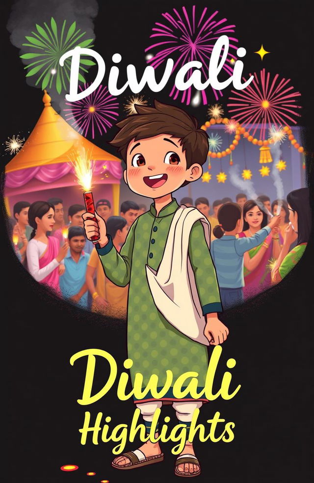 A tall boy with a brown face wearing a multi-colored dotted pattern kurta and a white dupatta, joyfully lighting up a firecracker (patakha) and smiling