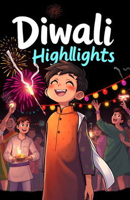A tall boy with a brown face wearing a multi-colored dotted pattern kurta and a white dupatta, joyfully lighting up a firecracker (patakha) and smiling