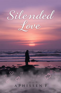 A poignant book cover design featuring a lonely figure standing on a desolate shore at sunset, with the ocean waves crashing softly against the rocks