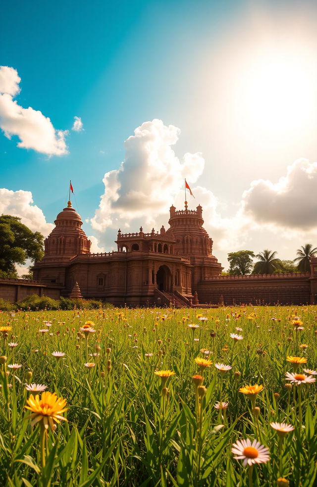 A serene landscape featuring traditional Kannada architecture