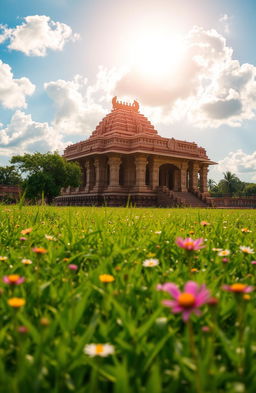 A serene landscape featuring traditional Kannada architecture