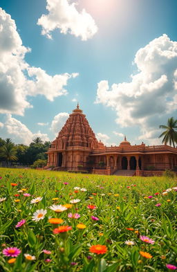 A serene landscape featuring traditional Kannada architecture