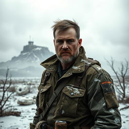 A high quality book cover featuring a main character, a rugged man in his early 30s, who is a former war veteran from World War 3