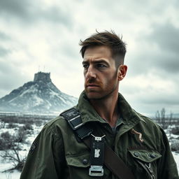 A high quality book cover featuring a main character, a rugged man in his early 30s, who is a former war veteran from World War 3