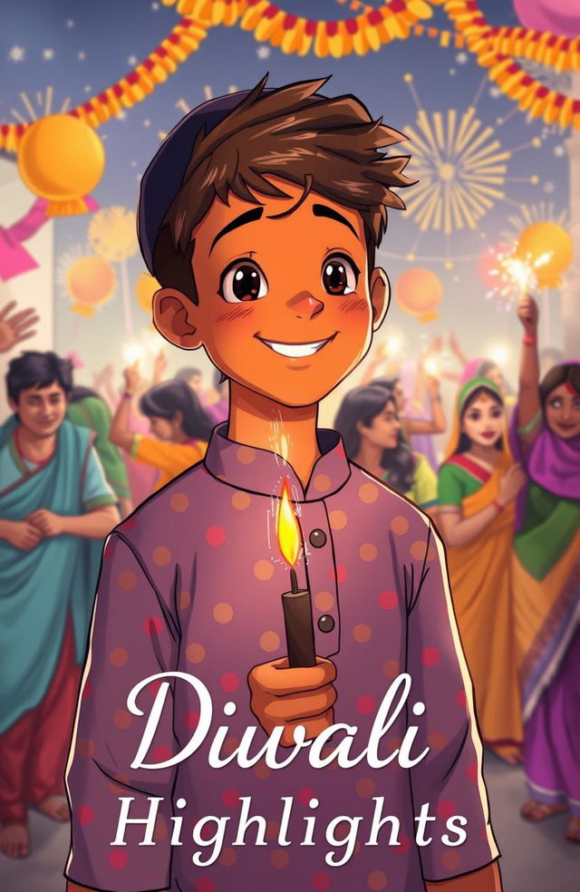 An anime drawing of a tall boy with brown skin, wearing a multicolor dotted pattern kurta and a black cap, smiling as he lights a patakha (firecracker)