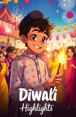 An anime drawing of a tall boy with brown skin, wearing a multicolor dotted pattern kurta and a black cap, smiling as he lights a patakha (firecracker)