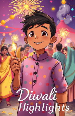 An anime drawing of a tall boy with brown skin, wearing a multicolor dotted pattern kurta and a black cap, smiling as he lights a patakha (firecracker)