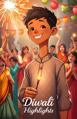 An anime drawing of a tall boy with brown skin, wearing a multicolor dotted pattern kurta and a black cap, smiling as he lights a patakha (firecracker)