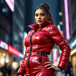 An attractive woman in a tight, shiny red and black puffer suit that emphasizes her voluptuous figure and large bust