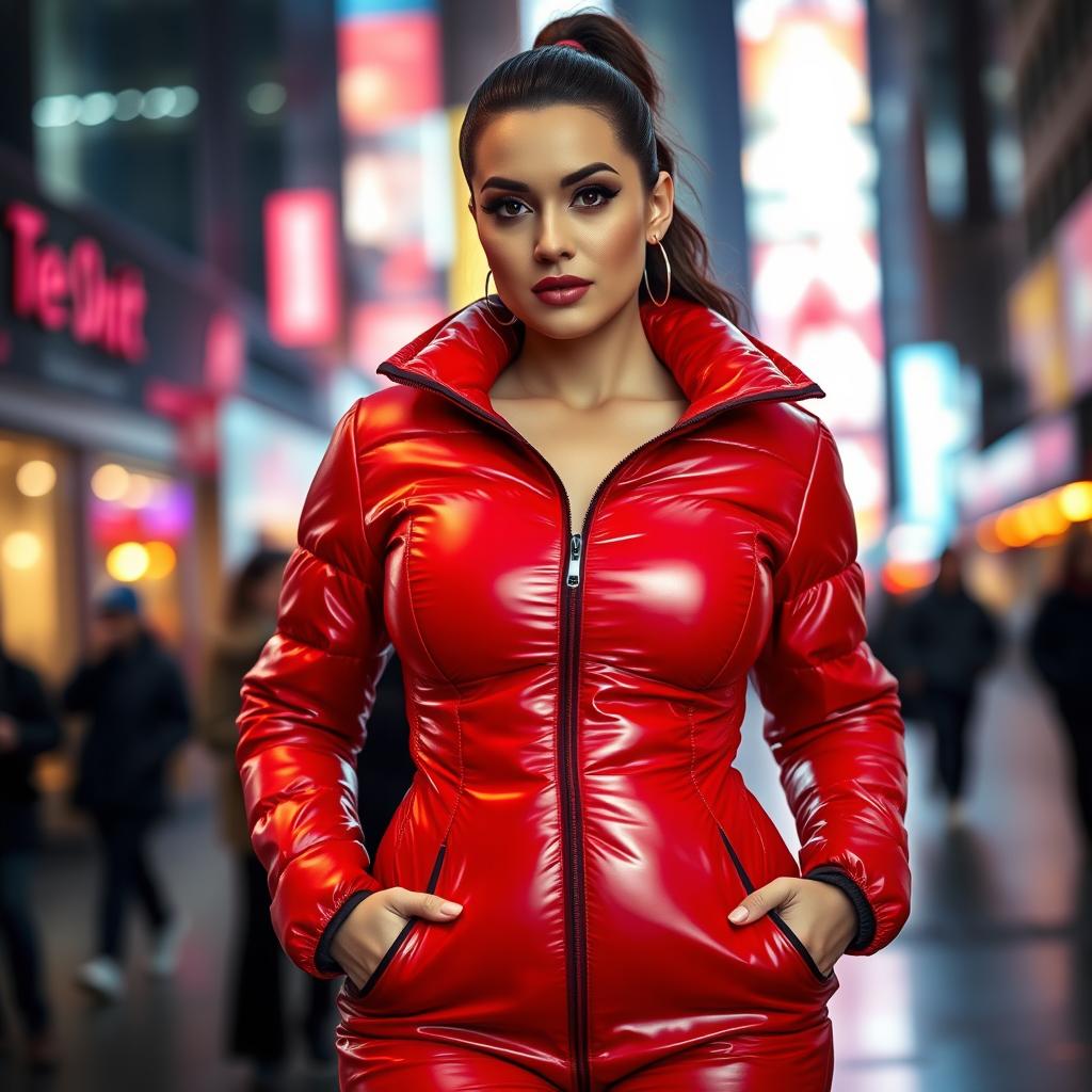 An attractive woman in a tight, shiny red and black puffer suit that emphasizes her voluptuous figure and large bust