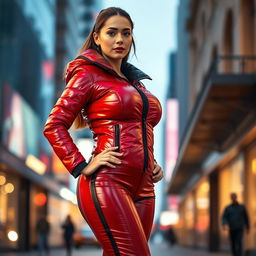 An attractive woman in a tight, shiny red and black puffer suit that emphasizes her voluptuous figure and large bust
