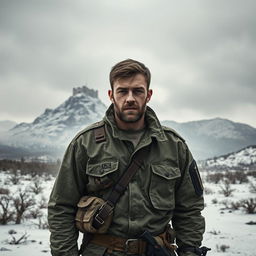A high quality book cover featuring the main character, a rugged man in his early 30s, who is a former war veteran from World War 3