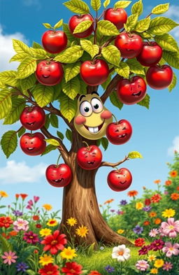 A whimsical garden scene featuring a personified apple tree, with a variety of apples hanging from its branches, each apple representing different actions or attitudes of the character