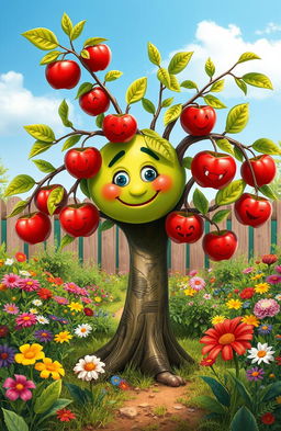 A whimsical garden scene featuring a personified apple tree, with a variety of apples hanging from its branches, each apple representing different actions or attitudes of the character