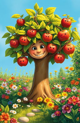 A whimsical garden scene featuring a personified apple tree, with a variety of apples hanging from its branches, each apple representing different actions or attitudes of the character